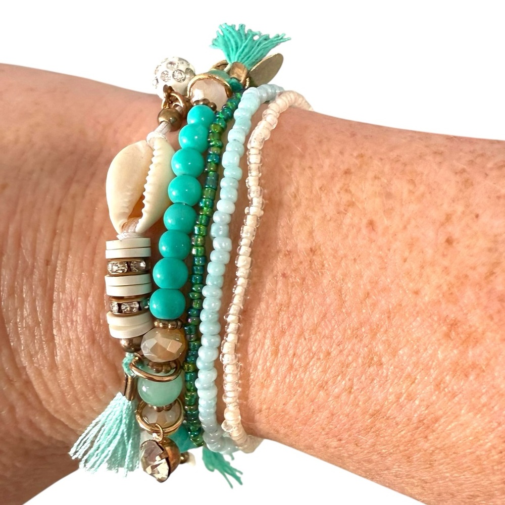 Boho Beaded Shell Tassel Bracelet Set Green White Turquoise Layering Stack NWT